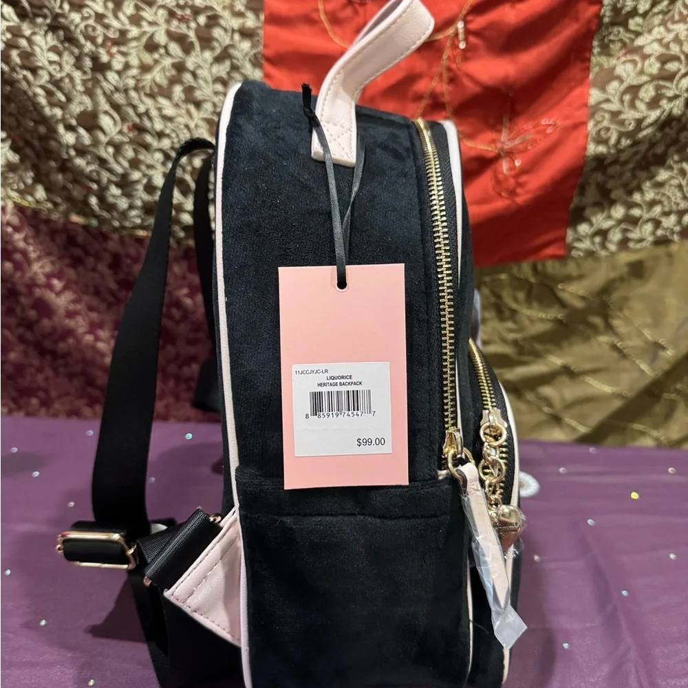 Juicy Couture Black and Light Pink Velvet Mini Backpack with Heart Charm - Picture 5 of 11